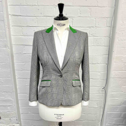 Ladies Jacket in Black and White Prince of Wales Check with Green Detail