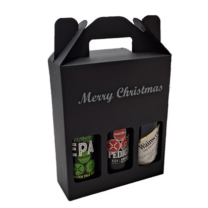 Lovely Christmas beer boxes.  Perfect design, easy to carry and great messages.  Black, white and brown boxes to hold beer and ale as well as cans.