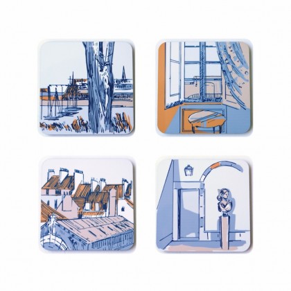 Coaster set of 4, made from cork and a hard wipeable laminate depicting french port of St Malo.