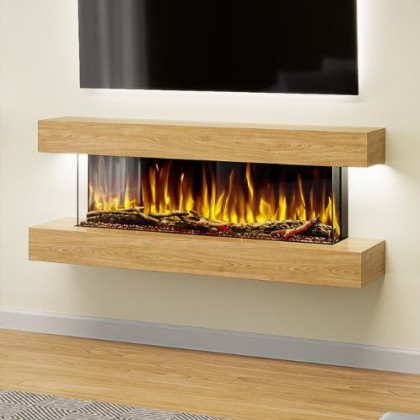 Studio 4 Oak - 54-Inch Wall Mounted Electric Fireplace | Fully Assembled | 3-Sided Panoramic Flame | Remote Control | LED Side Lights