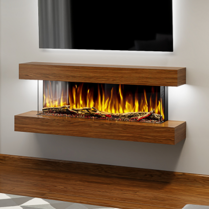 Studio 4 Walnut - 54-Inch Wall Mounted Electric Fireplace | Fully Assembled | 3-Sided Panoramic Flame | Remote Control | LED Side Lights