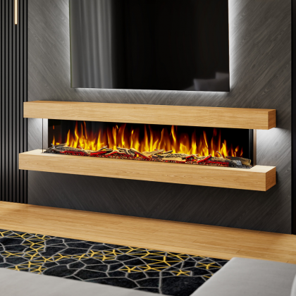Studio 7 Oak - 84-Inch Wall Mounted Electric Fireplace | Fully Assembled | 3-Sided Panoramic Flame | Remote Control | LED Side Lights