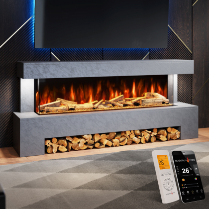 Angelo Grey Stone effect Freestanding Electric Fireplace Suite – 1500mm 3-Sided LED Electric Fire with Panoramic Flame, Remote & App Control, LED Side Light