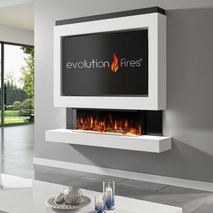 Package 1 Pre-Built Media Wall – Includes 3-Sided Electric Fireplace with Panoramic Flame, Remote Control, and LED Side Lighting.