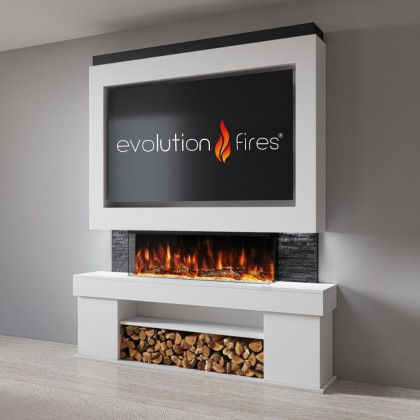 Package 3 Pre-Built Media Wall – Includes 3-Sided Electric Fireplace with Panoramic Flame, Remote Control, and LED Side Lighting.