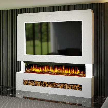 Package 7 Pre-Built Media Wall – Includes 3-Sided Electric Fireplace with Panoramic Flame, Remote Control, and LED Side Lighting.