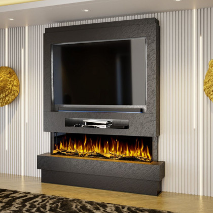 Package 8 Pre-Built Media Wall – Includes 3-Sided Electric Fireplace with Panoramic Flame, Remote Control, and LED Side Lighting.