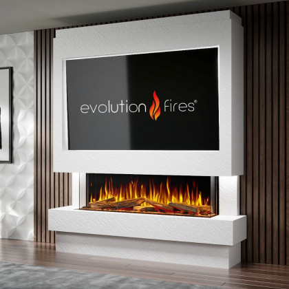 Package 10 Pre-Built Media Wall – Includes 3-Sided Electric Fireplace with Panoramic Flame, Remote Control, and LED Side Lighting.