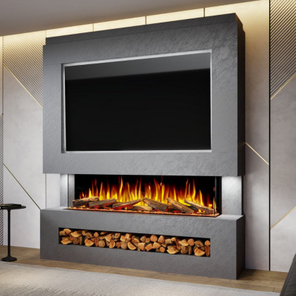 Package 11 Pre-Built Media Wall – Includes 3-Sided Electric Fireplace with Panoramic Flame, Remote Control, and LED Side Lighting.