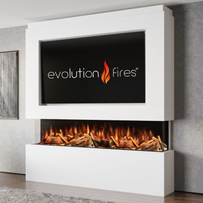 Package 12 Pre-Built Media Wall – Includes 3-Sided Electric Fireplace with Panoramic Flame, Remote Control, and LED Side Lighting.