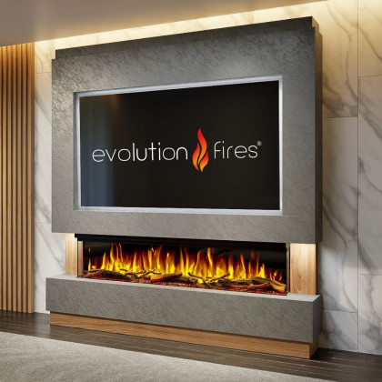 Package 13 Pre-Built Media Wall – Includes 3-Sided Electric Fireplace with Panoramic Flame, Remote Control, and LED Side Lighting.