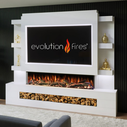 Package 15 Pre-Built Media Wall – Includes 3-Sided Electric Fireplace with Panoramic Flame, Remote Control, and LED Side Lighting.
