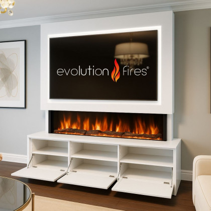 Package 21 Pre-Built Media Wall – Includes 3-Sided Electric Fireplace with Panoramic Flame, Remote Control, and LED Side Lighting.