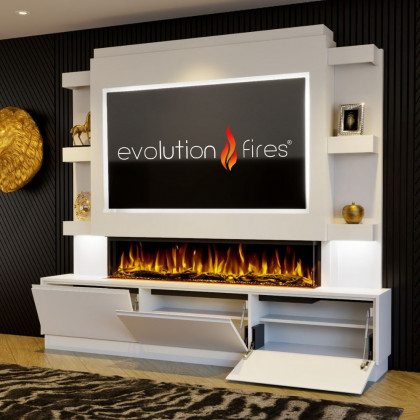 Package 22 Pre-Built Media Wall – Includes 3-Sided Electric Fireplace with Panoramic Flame, Remote Control, and LED Side Lighting.