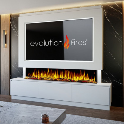Package 23 Pre-Built Media Wall – Includes 3-Sided Electric Fireplace with Panoramic Flame, Remote Control, and LED Side Lighting.