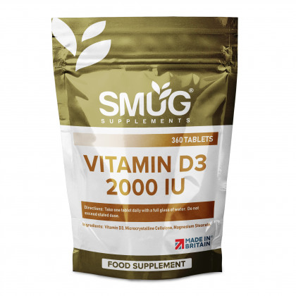 Vitamin D3 2000 IU Tablets by SMUG Supplements - 360 Tablets One Year Supply - Easy to Swallow Vitamin D3 Supplement - A 2000 IU Dose of the Nutrient Known as the Sunshine Vitamin
