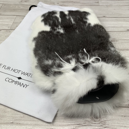 Black and White Fur Hot Water Bottle - sustainable, biodegradable and ethically sourced rabbit fur covers