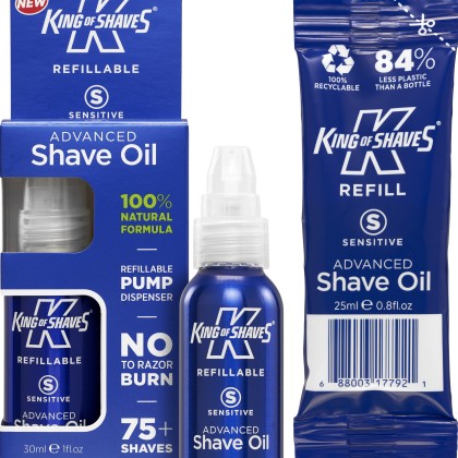 King of Shaves Sensitive Advanced Shave Oil Refillable 100% Natural 30ml Aluminium Bottle with Pump