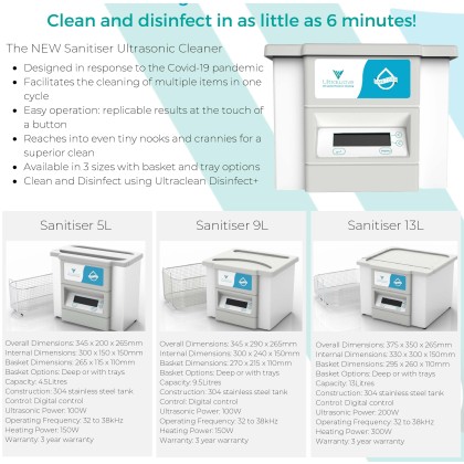 Sanitiser Series Ultrasonic Cleaner 5Litres to 13Litres