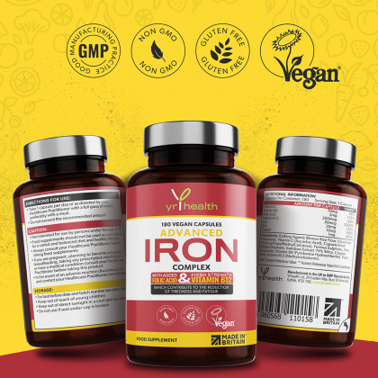Iron Supplement 20mg Maximum Strength Complex for Men & Women with Vitamin B12, Folic Acid, Vitamin C, B6, Zinc, Copper, 180 Vegan Capsules Tablets